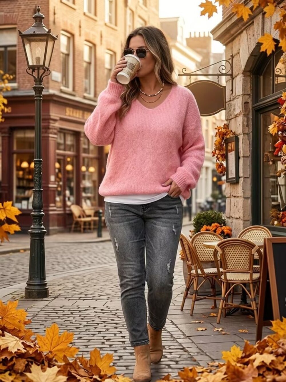 V-Neck Women's Casual Pullover Sweater in Pink - Picture 3 of 5